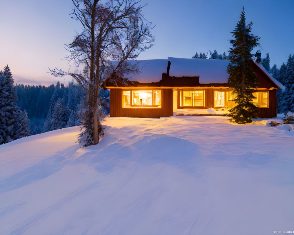 Snowy landscape with cozy cabin and illuminated windows at twilight