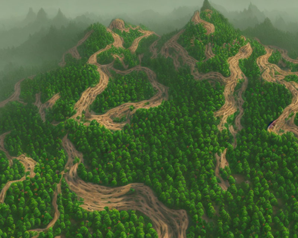 Verdant Forest with Winding Dirt Trails and Rolling Hills