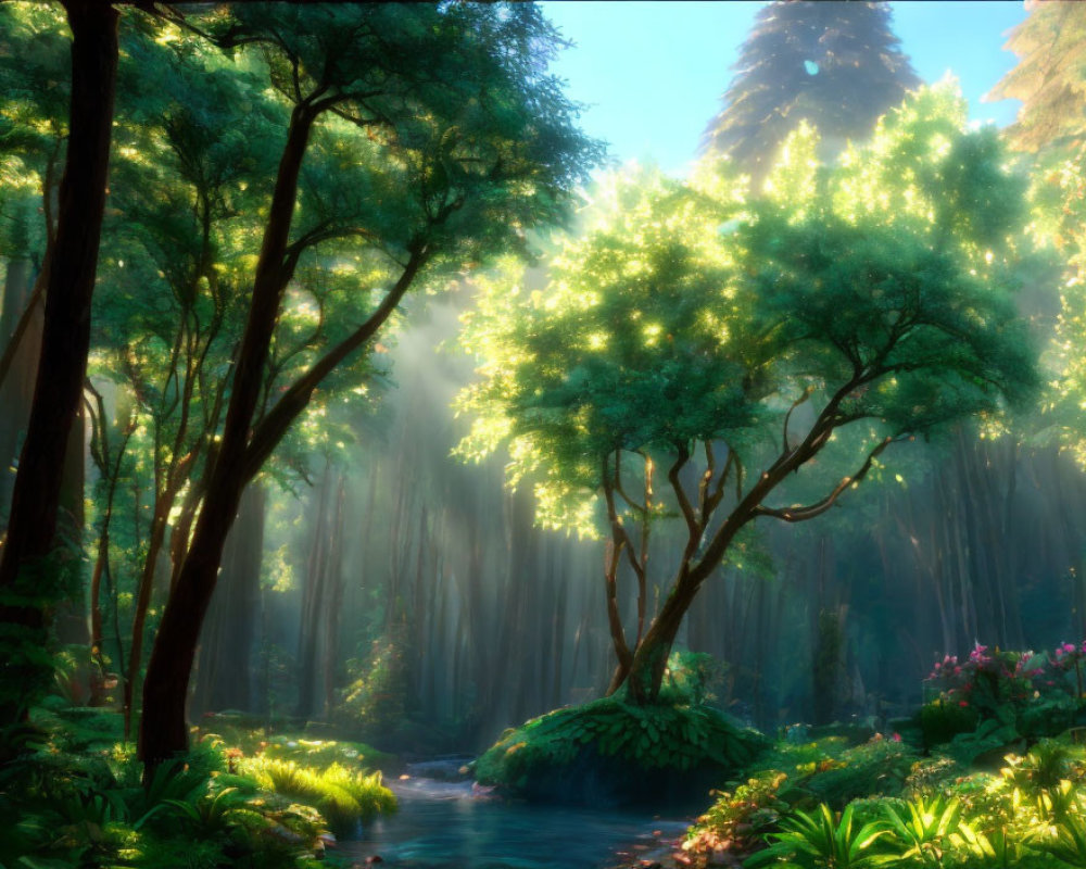 Lush forest stream illuminated by sunlight