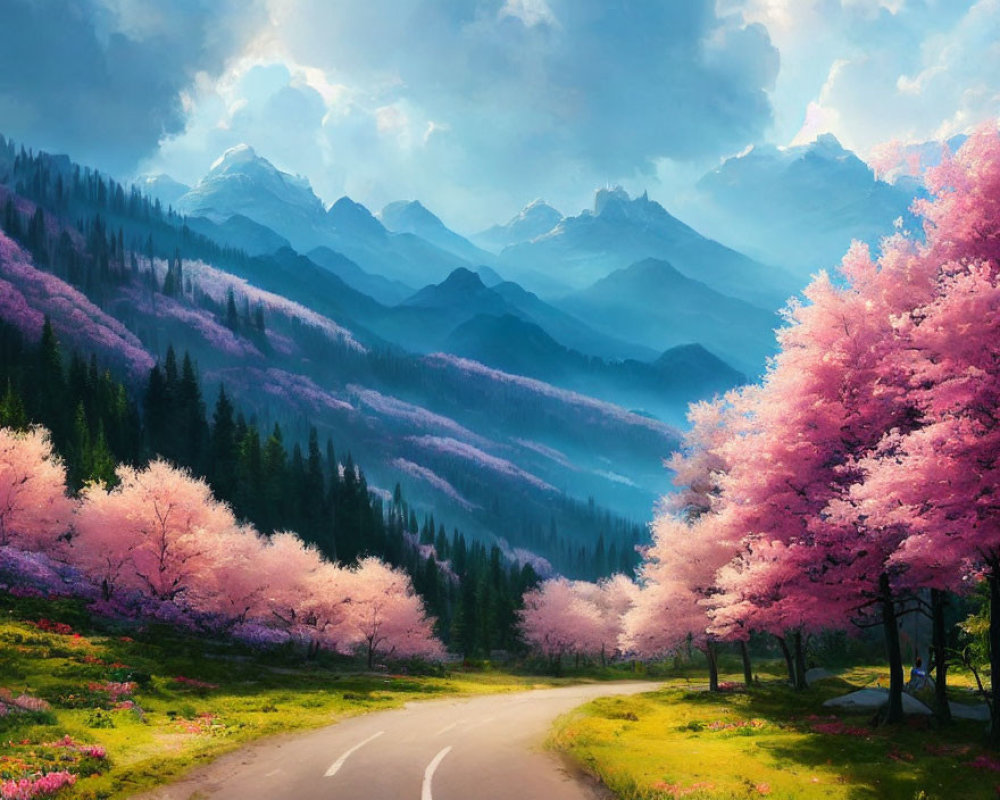 Tranquil Landscape: Pink Cherry Trees, Winding Road, Misty Mountains