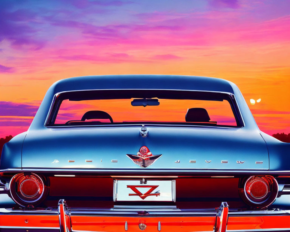 Classic Blue Car with Tailfins and Badge at Sunset