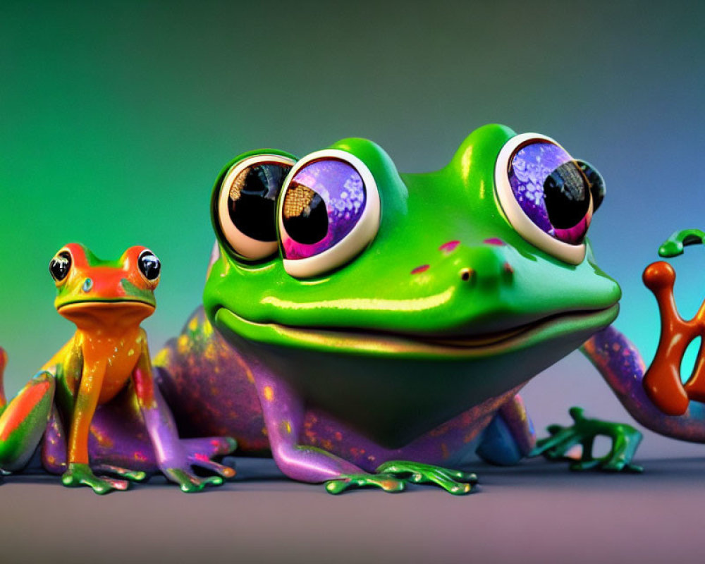 Vibrant 3D frogs with expressive eyes on soft background