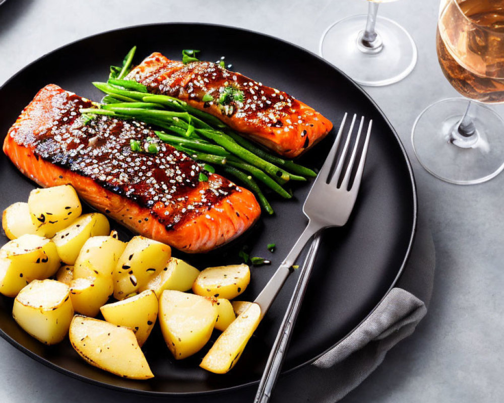 Sesame-Crusted Salmon with Green Beans and Roasted Potatoes Plate