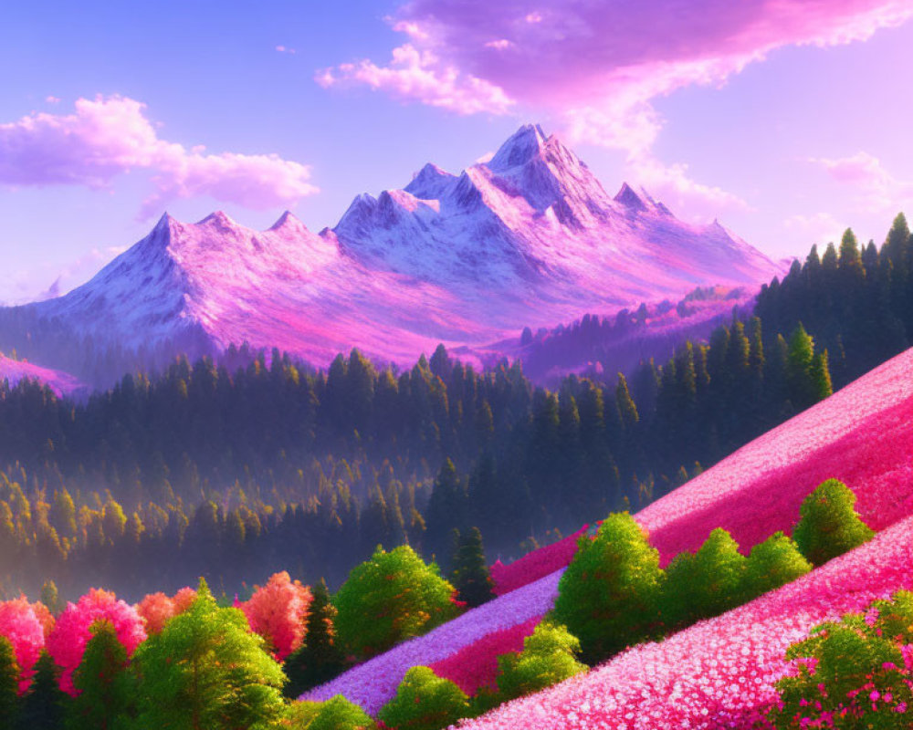 Scenic landscape with pink skies, snow-capped mountains, colorful forests, and blooming fields