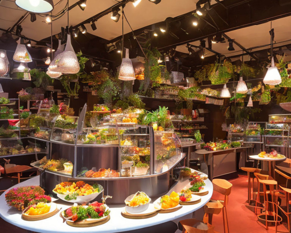 Circular Counter Buffet Setup with Pendant Lights and Hanging Plants