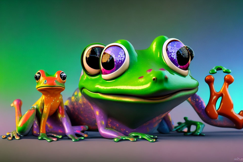 Vibrant 3D frogs with expressive eyes on soft background