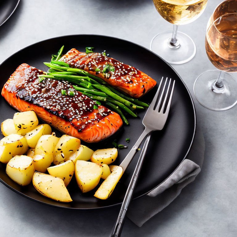 Sesame-Crusted Salmon with Green Beans and Roasted Potatoes Plate