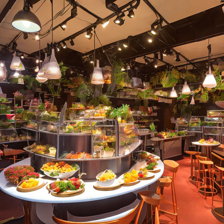 Circular Counter Buffet Setup with Pendant Lights and Hanging Plants