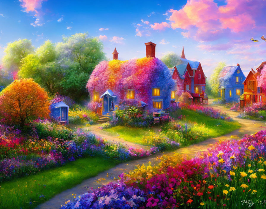 Colorful Landscape Painting with Blooming Trees and Cottages