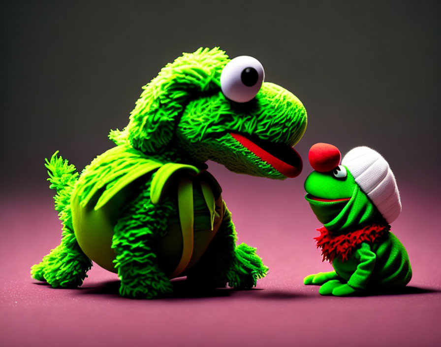 Fluffy green frog and smaller figure in white beanie on pink background