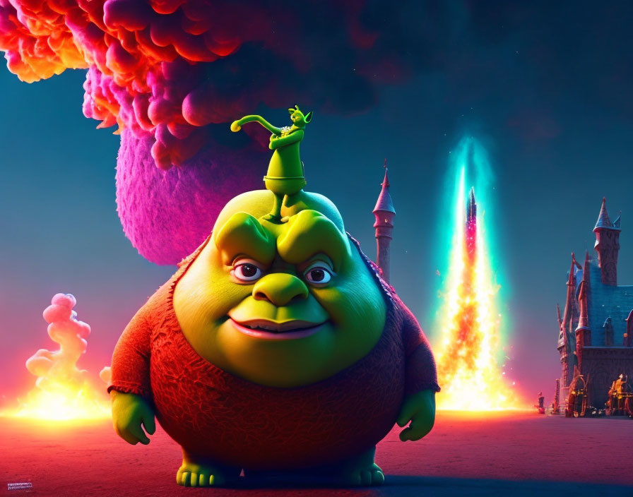 Fantasy animation: Ogre, donkey, castle, magical explosion