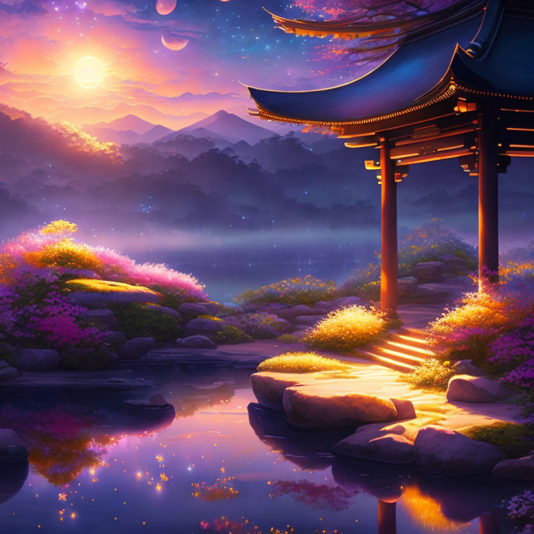 Tranquil lake with pagoda, vibrant flora, full moon, and mountains