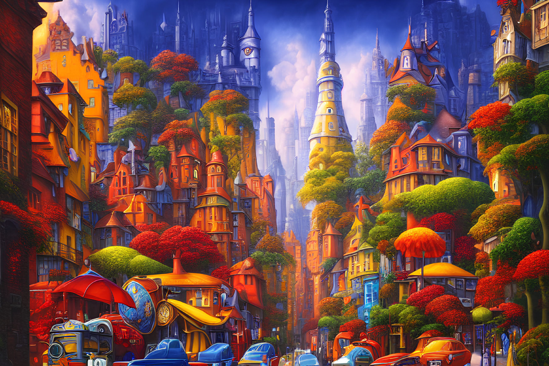 Colorful cityscape with stylized buildings, lush trees, and retro-futuristic cars under blue