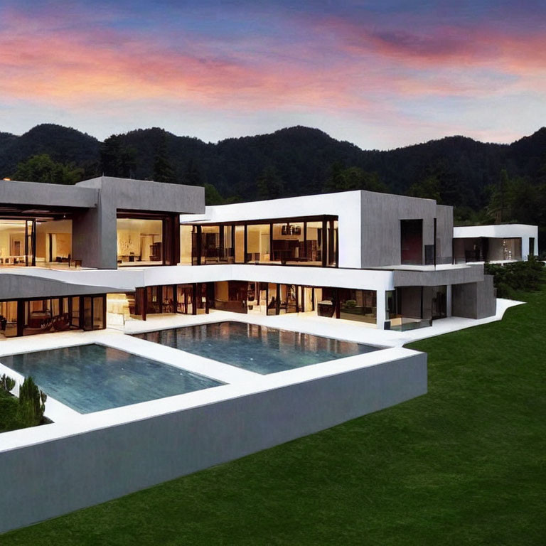 Luxury house with large windows, flat roofs, infinity pool, hills, and colorful sunset sky