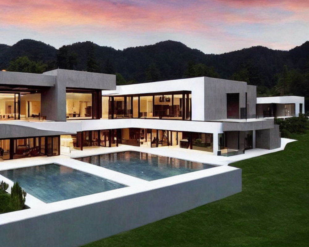 Luxury house with large windows, flat roofs, infinity pool, hills, and colorful sunset sky