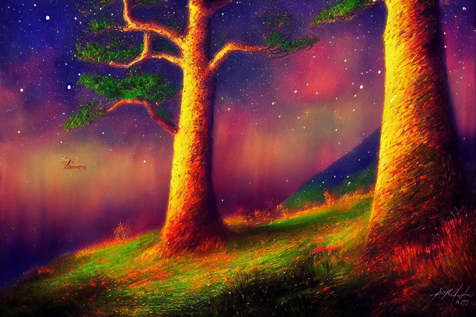Mystical forest digital artwork with colorful skies