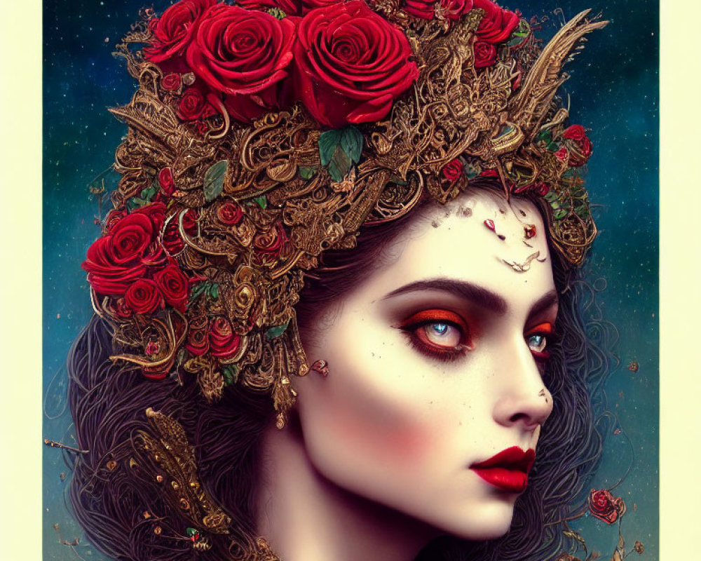 Illustrated Woman with Red Lips and Gold Headdress on Blue Background