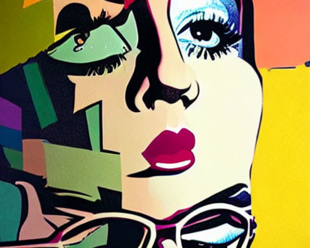 Vibrant pop art portrait of a woman with bold eyelashes and red lips