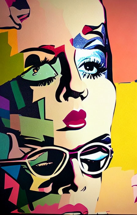 Vibrant pop art portrait of a woman with bold eyelashes and red lips