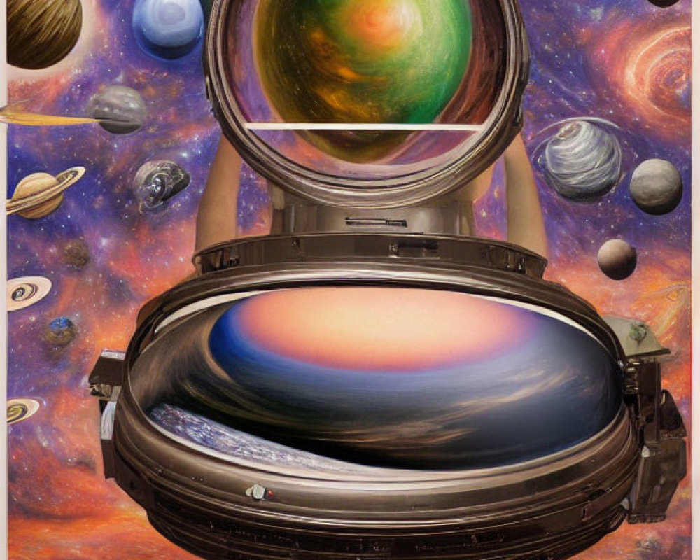 Head with Goggles Reflecting Cosmic Scene in Surreal Artwork