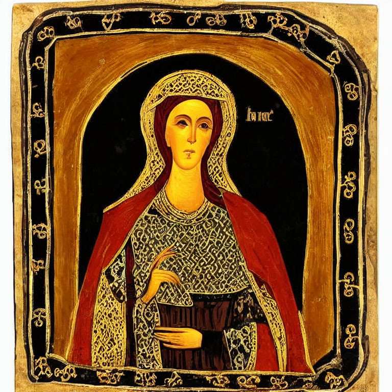 Saint depicted in traditional iconographic painting with halo and ornate frame