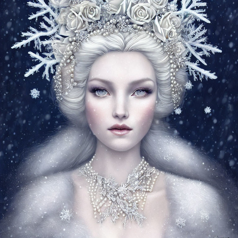 Pale-skinned woman with floral crown and crystal necklace in snowy scene