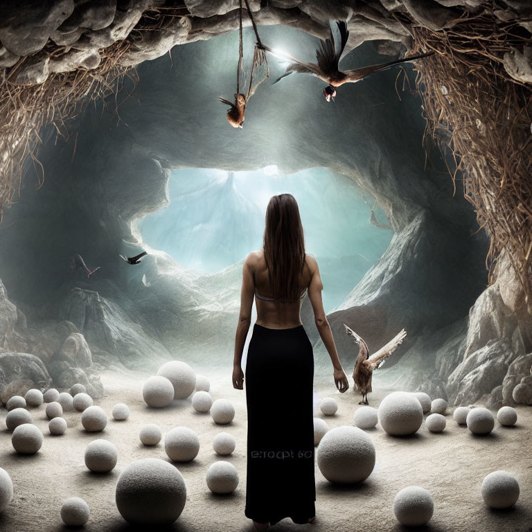 Woman in cave with spherical rocks and birds flying towards light.