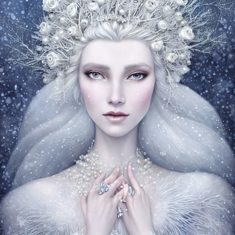 Pale-skinned woman in pearl headdress and fur, amid snowflakes