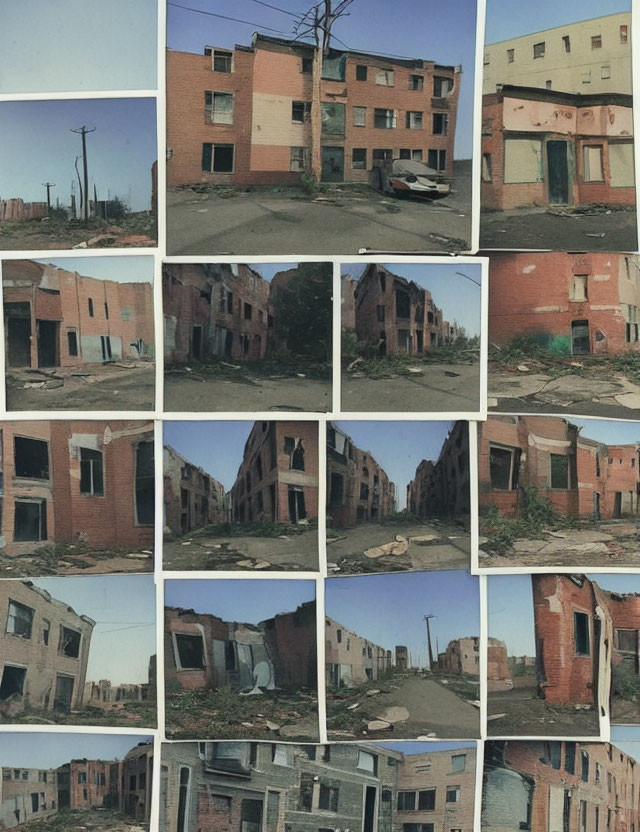 Collage of dilapidated buildings and rubble in abandoned urban area