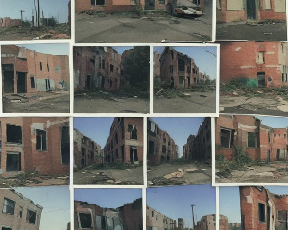 Collage of dilapidated buildings and rubble in abandoned urban area