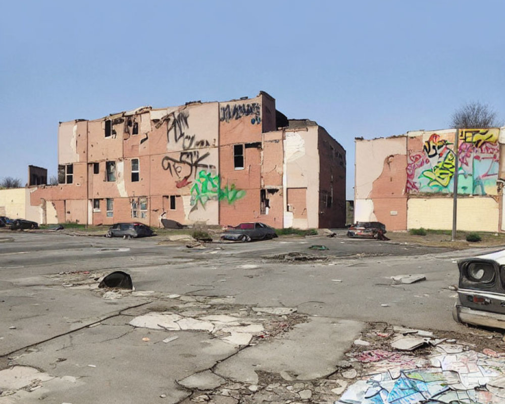 Derelict building with graffiti in littered urban setting