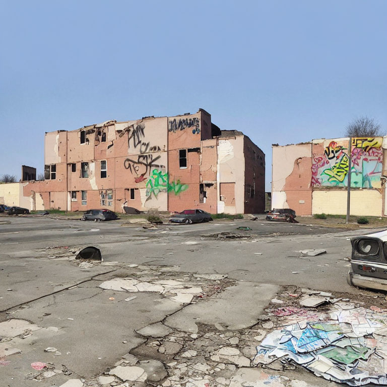 Derelict building with graffiti in littered urban setting