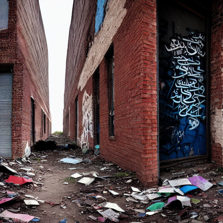 Weathered brick buildings frame graffiti-filled alleyway
