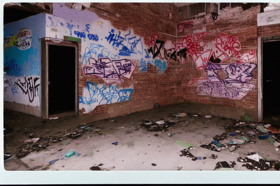 Abandoned room with colorful graffiti on brick walls