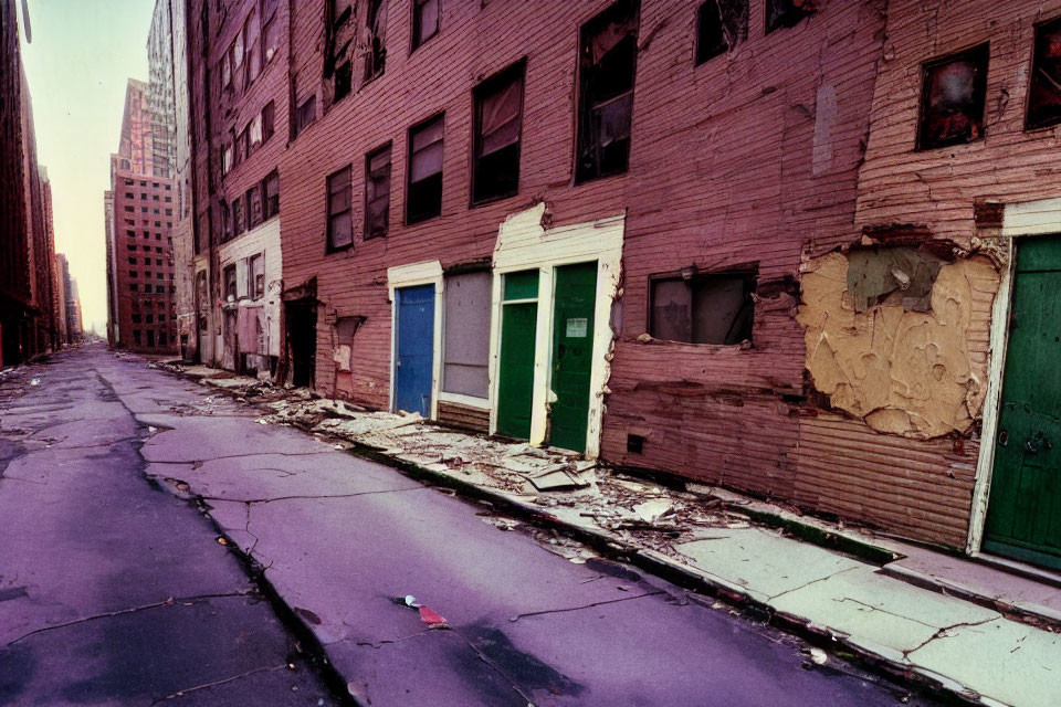 Decrepit urban street with damaged buildings and cracked road