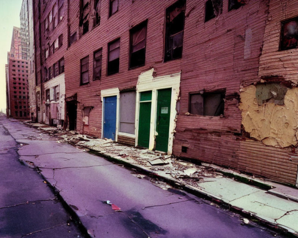 Decrepit urban street with damaged buildings and cracked road