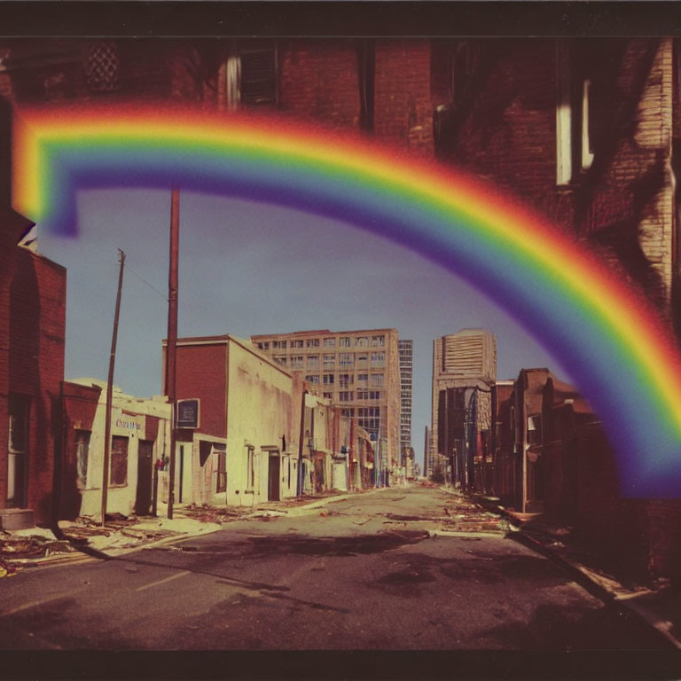 Colorful rainbow over deserted city street with buildings under clear sky