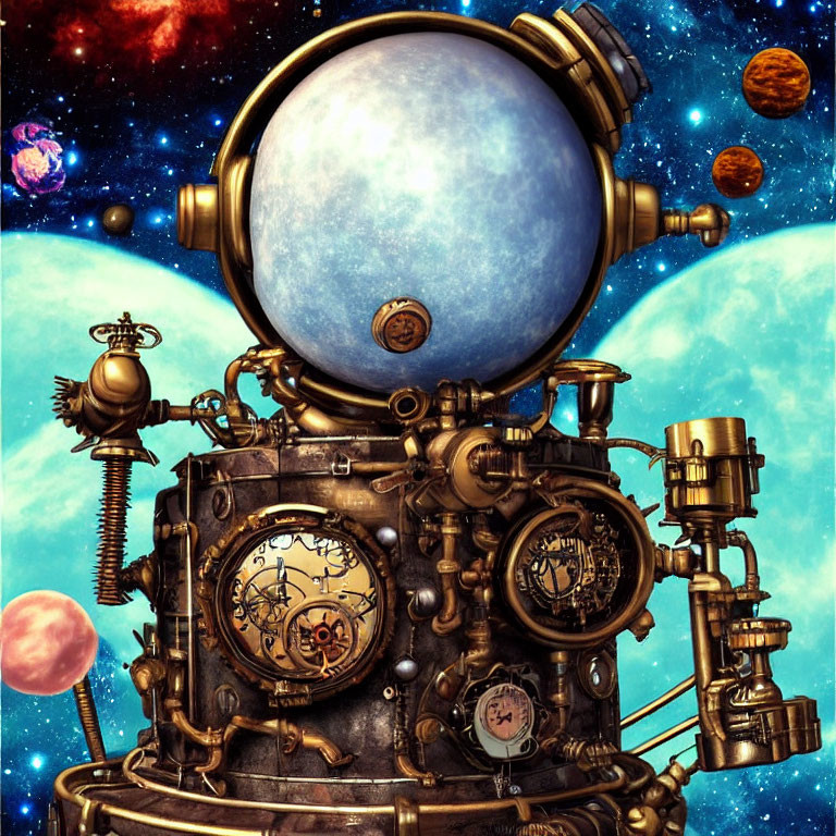 Steampunk observatory with gears and clocks in cosmic setting