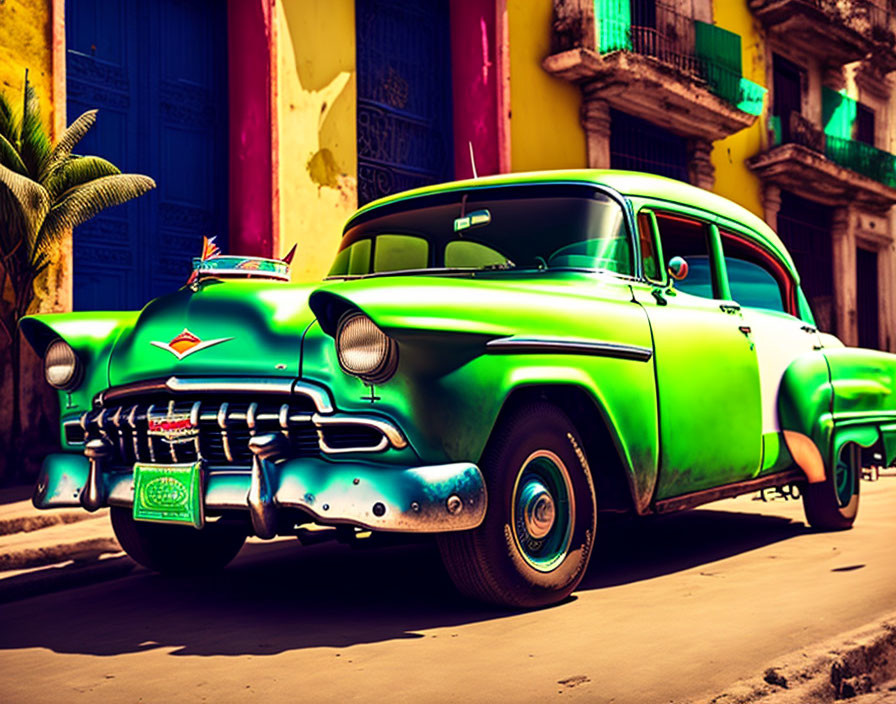 Vintage Green Car on Colorful Cuban Street with Colonial Architecture