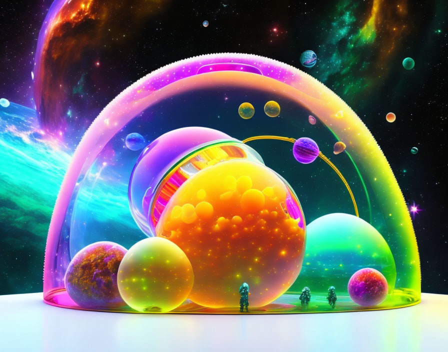 Colorful cosmic scene with transparent bubbles and celestial bodies under starry sky