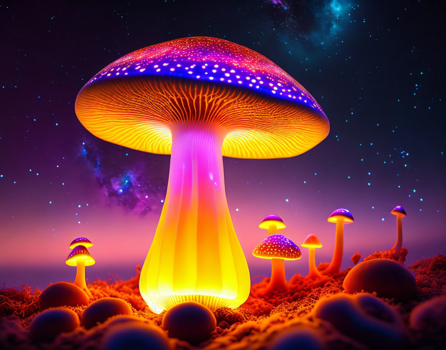 Colorful Digital Artwork: Luminescent Mushrooms in Starry Sky