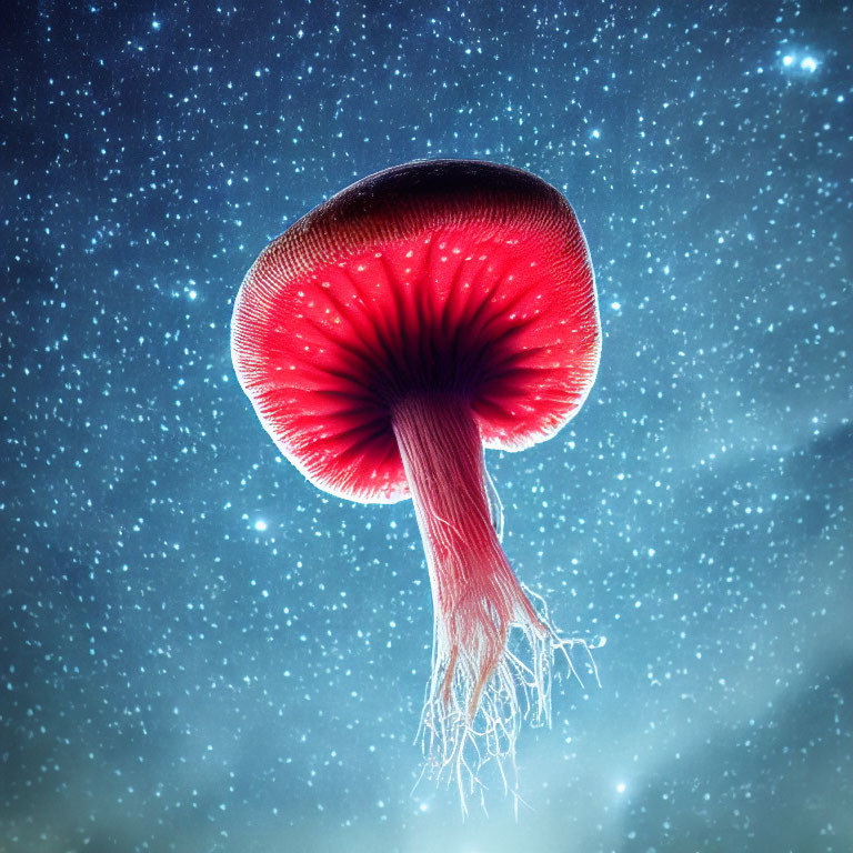 Vibrant Red Jellyfish Floating in Deep Blue Starry Space