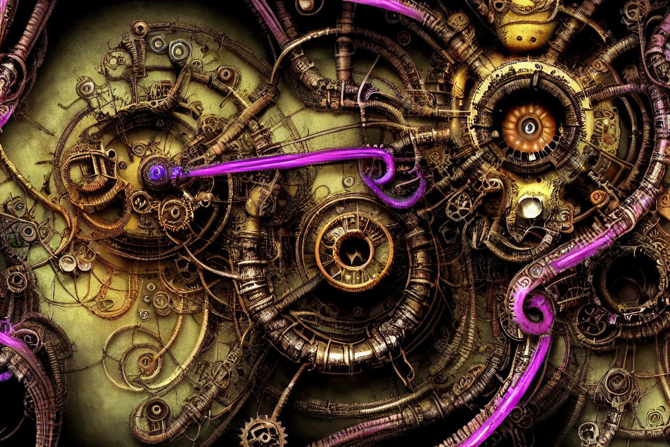 Detailed Steampunk Machinery with Bronze Tones and Purple Energy Beam