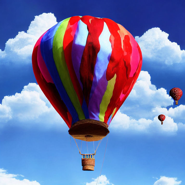 Colorful hot air balloon floats in blue sky with fluffy clouds and distant balloons