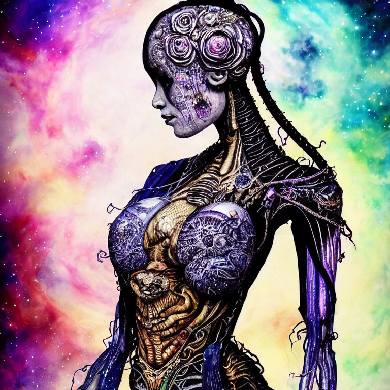 Surreal biomechanical being in cosmic digital art