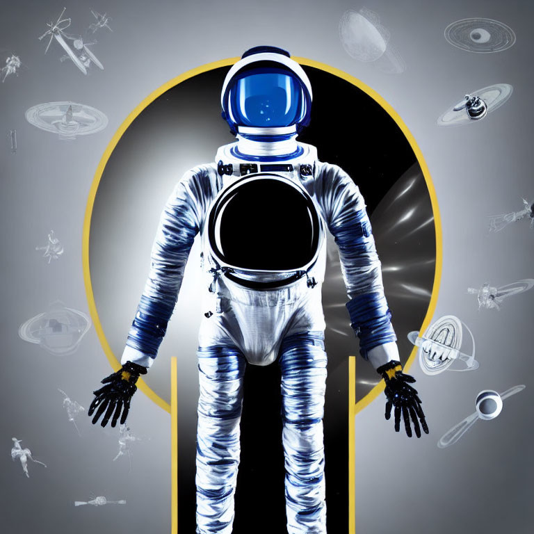 Astronaut in silver spacesuit surrounded by spacecraft and celestial bodies