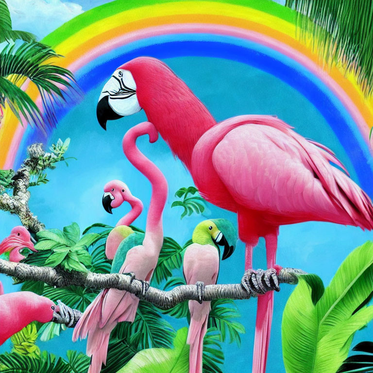 Colorful flamingos on branch with rainbow and parrot in background