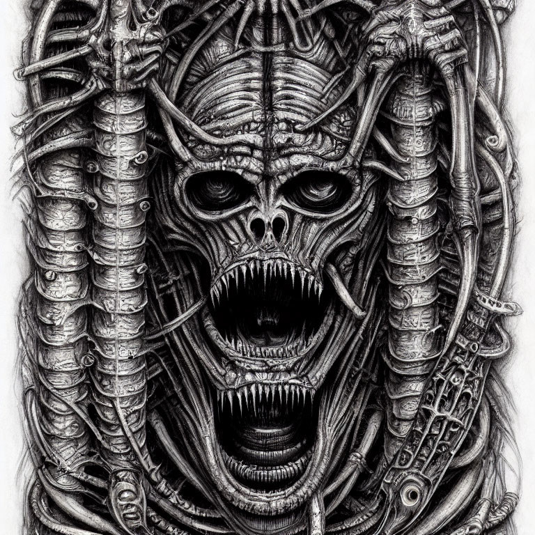 Detailed Biomechanical Skull Drawing with Tubing and Mechanical Components