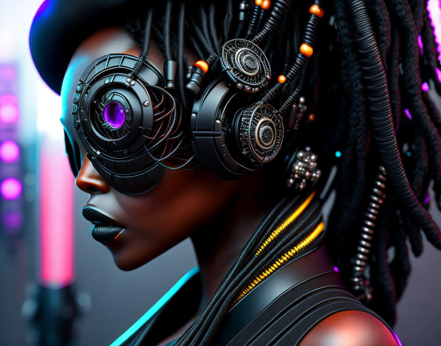 Futuristic cyberpunk woman with braided hair and advanced headphones