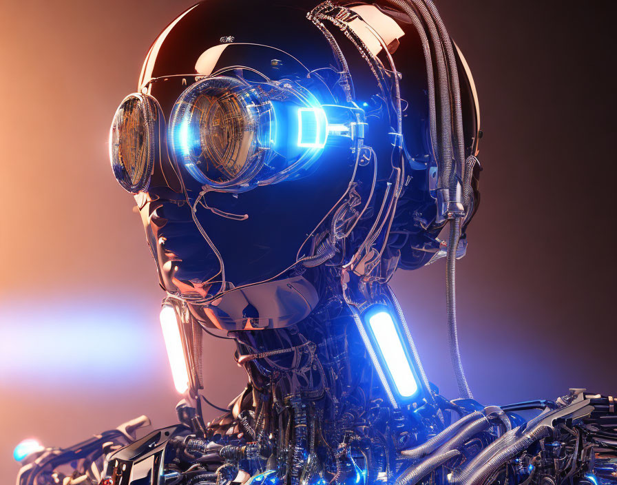 Detailed Robotic Head with Intricate Wiring and Glowing Blue Optical Elements on Amber Background